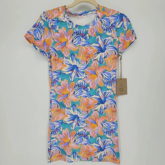 Stone fox swim tropical lily dress floral blue orange soft stretchy small - Picture 2 of 6
